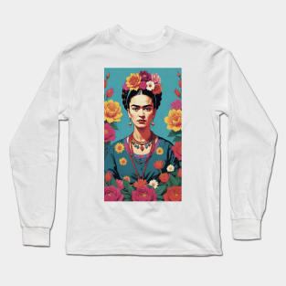 Frida's Floral Harmony: Colorful Portrait Long Sleeve T-Shirt